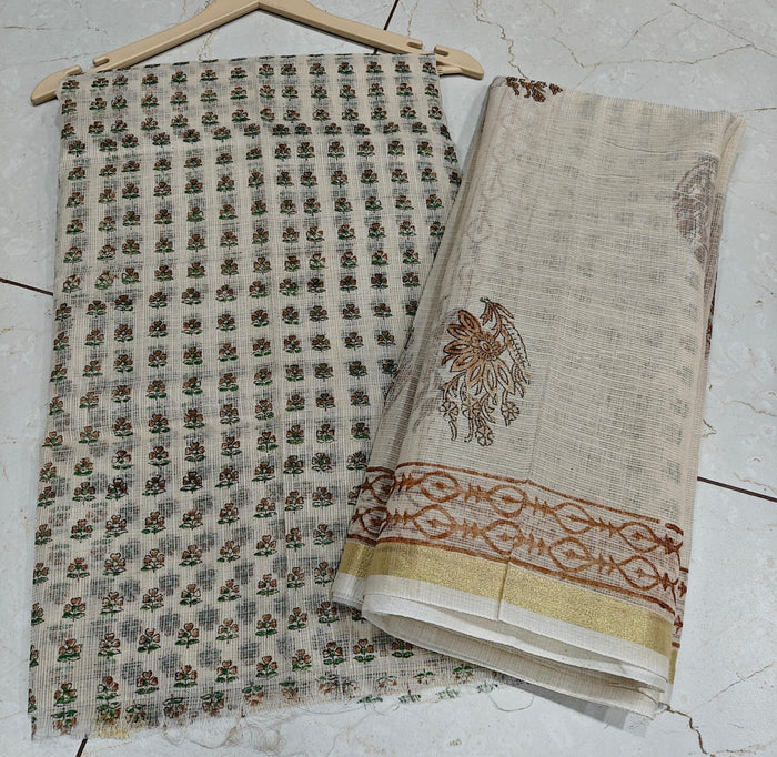 Block Printed Kota Doria Suit Set - Beige  Colour