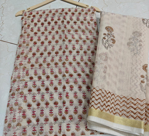 Block Printed Kota Doria Suit Set - Bronze Colour