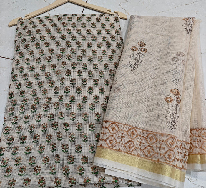 Block Printed Kota Doria Suit Set - Brown Colour