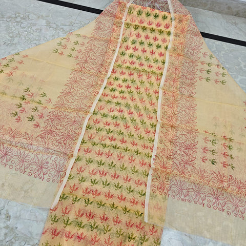 Kota Doria Cotton Mix Printed Dress Material - Yellow Colour