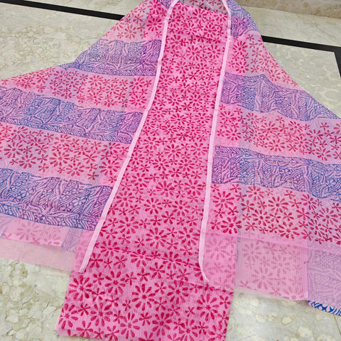 Kota Doria Cotton Mix Printed Dress Material - Pink Colour