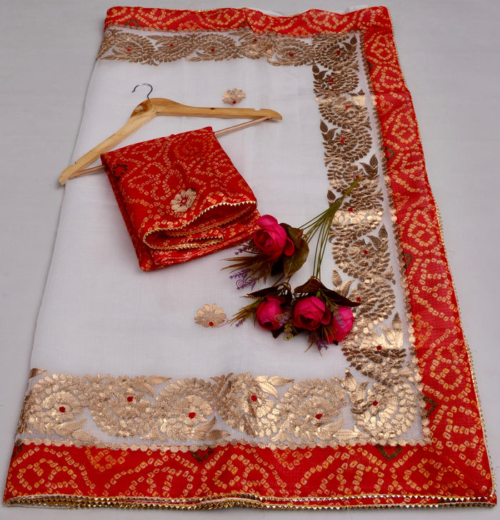 Kota Doria Gotta Patti Saree with Bandhej Border - White Color