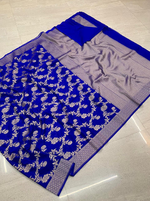 Traditional Banarasi Handloom Saree Semi Katan & Jaal Zari Weave - Royal Blue Color