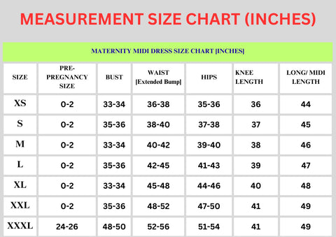 Measurement size chart for maternity midi dresses in inches
