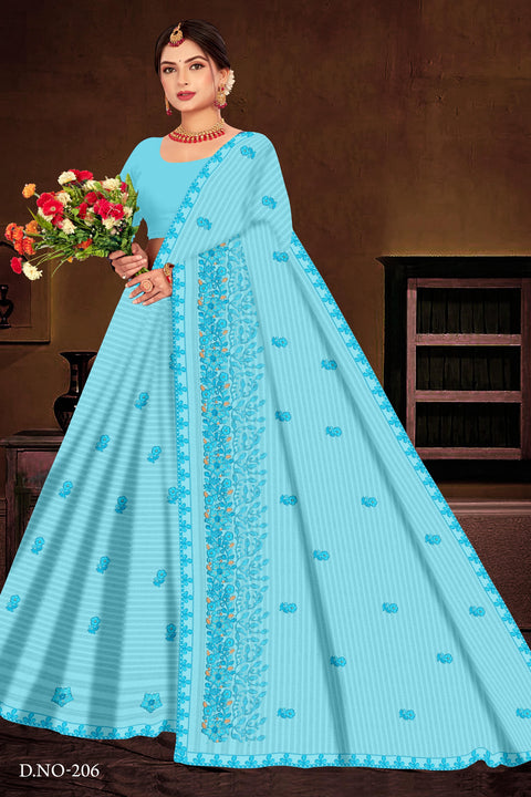 Yashika Pure Cotton Embroidered Saree - Blue Color