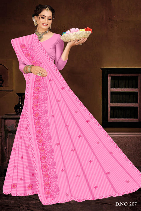 Yashika Pure Cotton Embroidered Saree - Pink Color