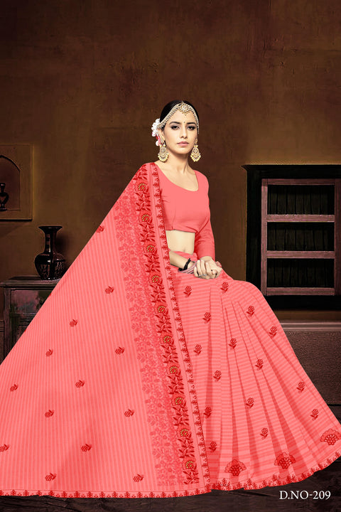 Yashika Pure Cotton Embroidered Saree - Red Color