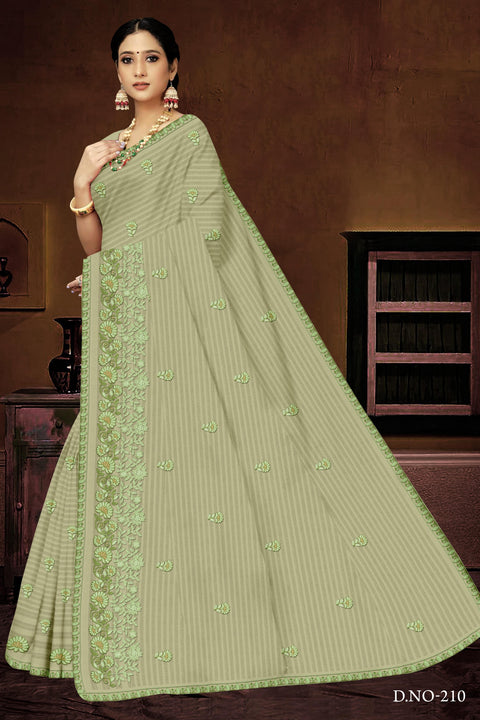 Yashika Pure Cotton Embroidered Saree - Olive Color