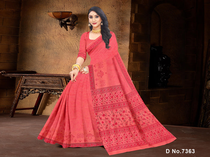 Yashodha Pure Cotton Machine Embroidered & Printed Saree- Pink Color