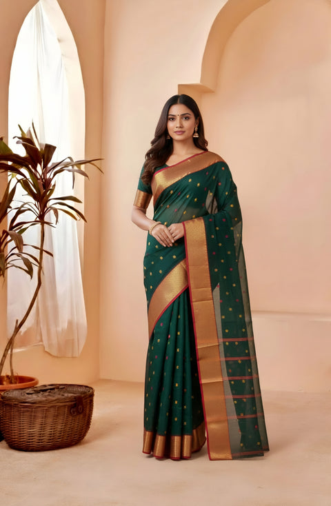 मुलमुल कॉटन जामदानी साड़ी रनिंग ब्लाउज के साथ - लाल रंग