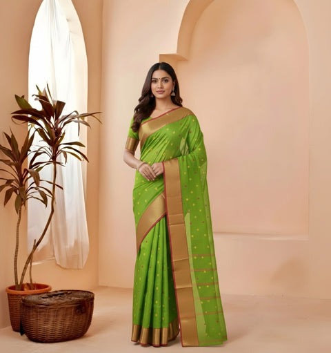 Cotton Bengal Tant Saree Without Blouse Piece - Green Colour