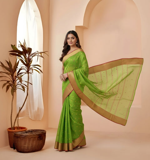 Cotton Bengal Tant Saree Without Blouse Piece - Green Colour