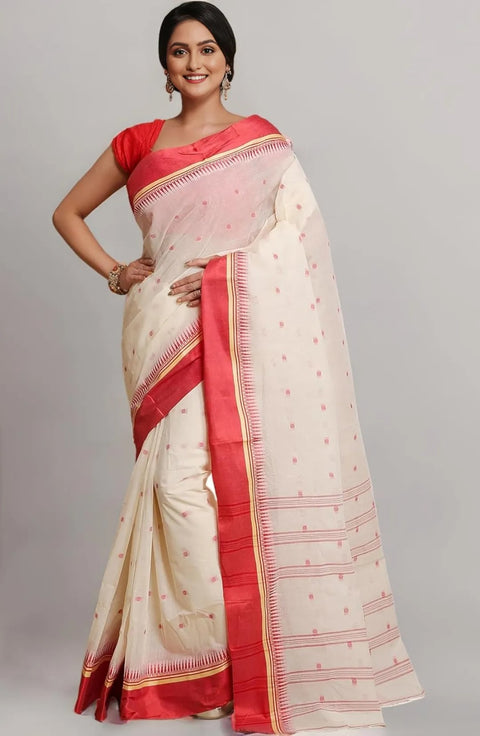 White Color - Cotton Bengal Tant Saree Without Blouse Piece