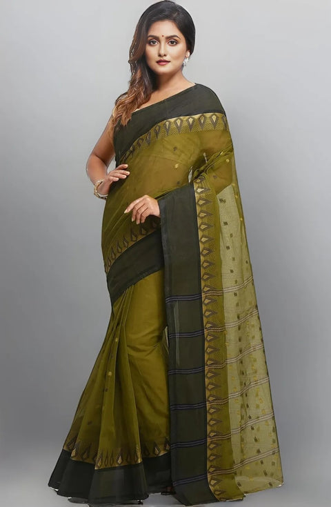 Bengal Cotton Tant Saree Without Blouse Piece - Olive Colour