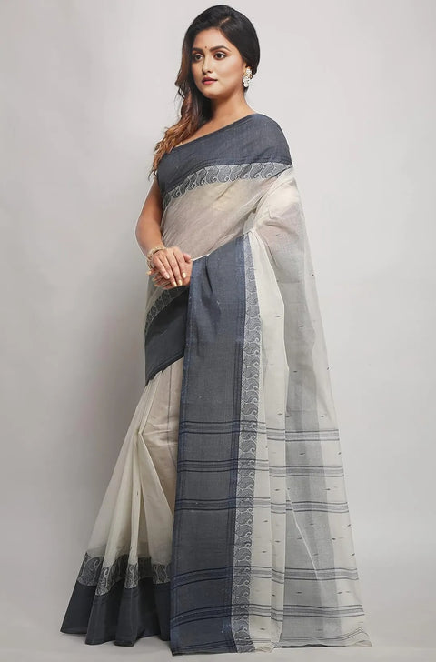 Cotton Bengal Tant Saree Without Blouse Piece - White Color