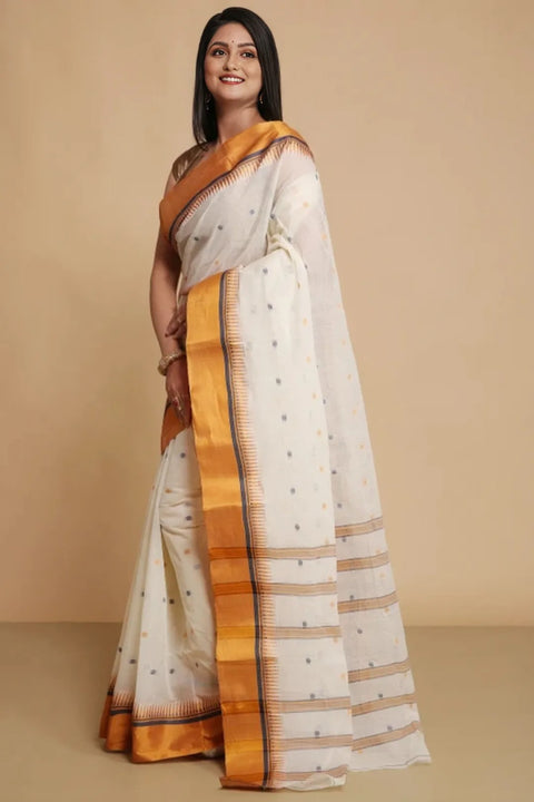Cotton Bengal Tant Saree Without Blouse Piece - White Colour