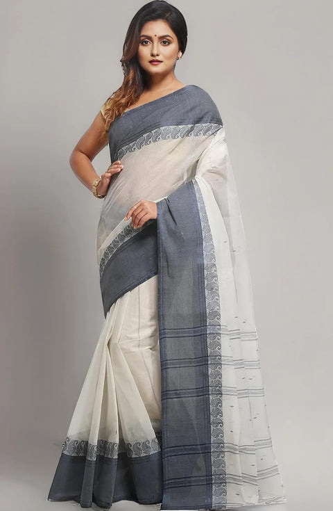 Cotton Bengal Tant Saree Without Blouse Piece - White Color
