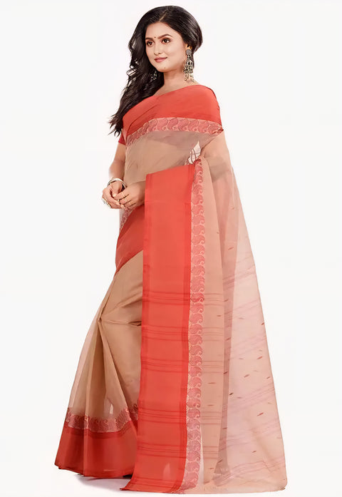 Bengal Cotton Tant Saree Without Blouse Piece - Red Color