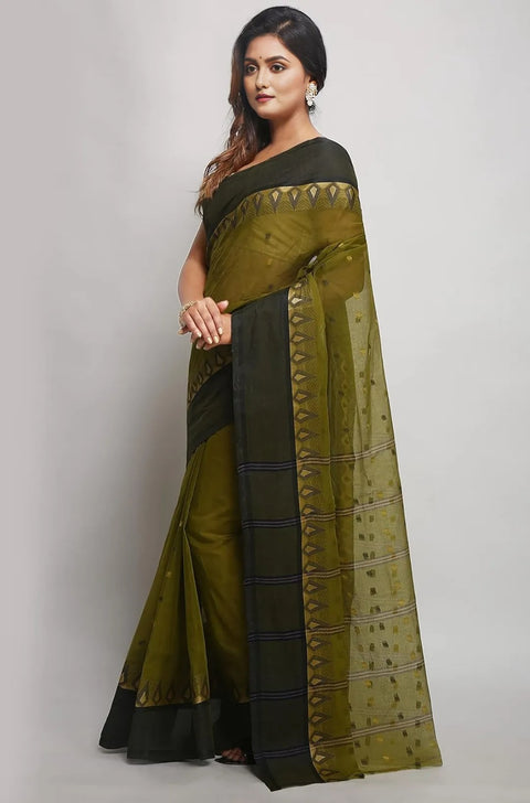 Bengal Cotton Tant Saree Without Blouse Piece - Olive Colour