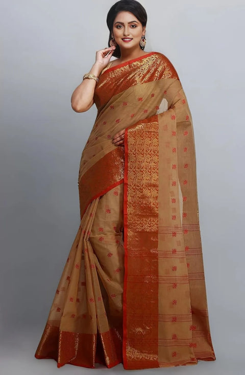 Bengal Cotton Tant Saree Without Blouse Piece - Brown Colour