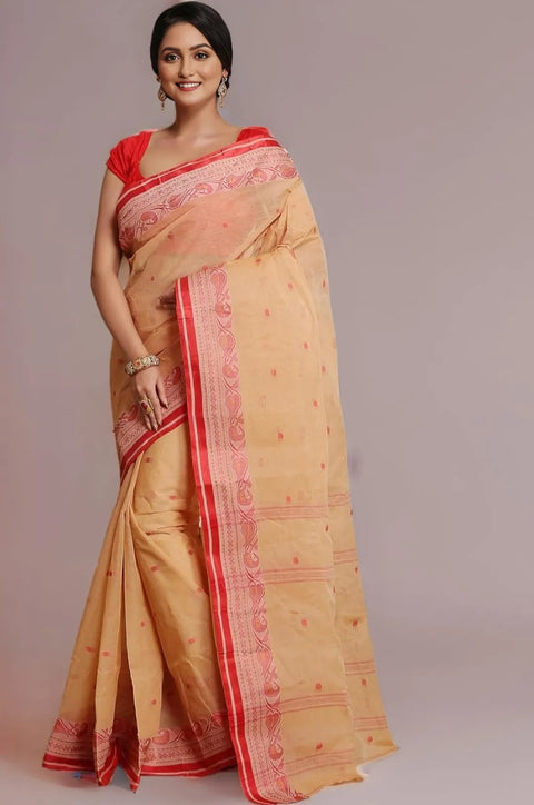 Bengal Cotton Tant Saree Without Blouse Piece - Beige Color