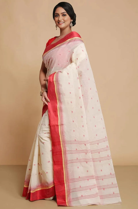 White Color - Cotton Bengal Tant Saree Without Blouse Piece