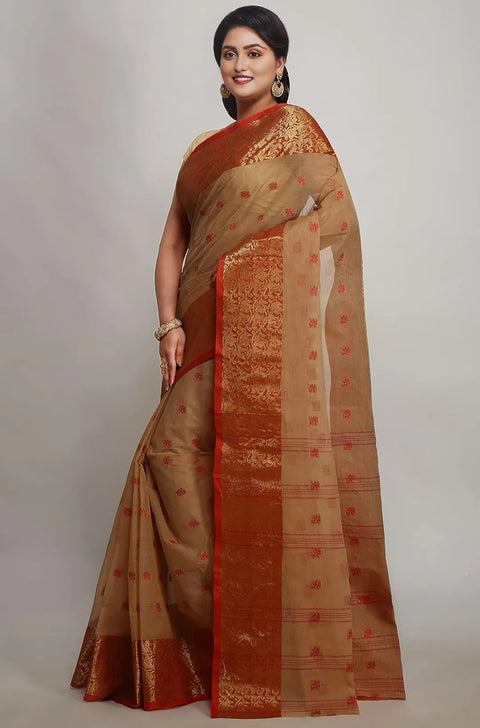 Bengal Cotton Tant Saree Without Blouse Piece - Brown Colour