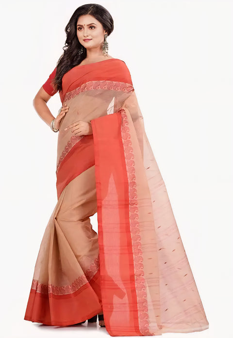 Bengal Cotton Tant Saree Without Blouse Piece - Red Color
