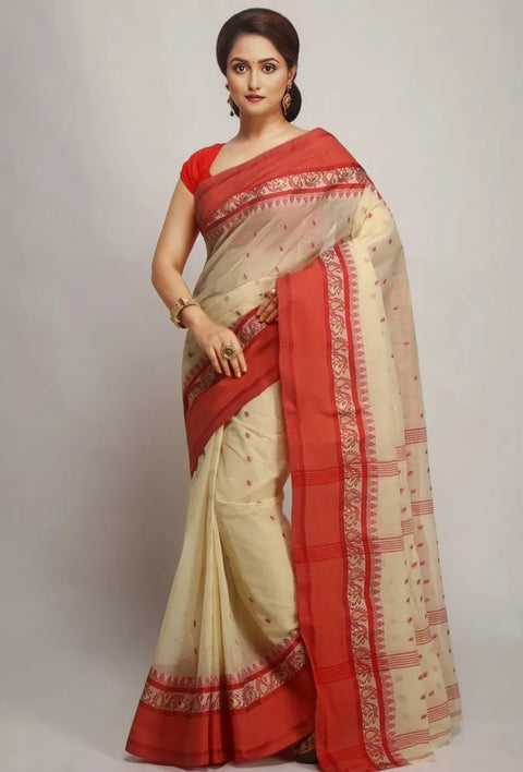 Bengal Cotton Tant Saree Without Blouse Piece - Red Colour