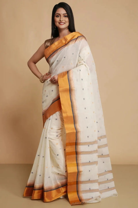 Cotton Bengal Tant Saree Without Blouse Piece - White Colour