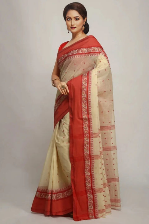 Bengal Cotton Tant Saree Without Blouse Piece - Red Colour