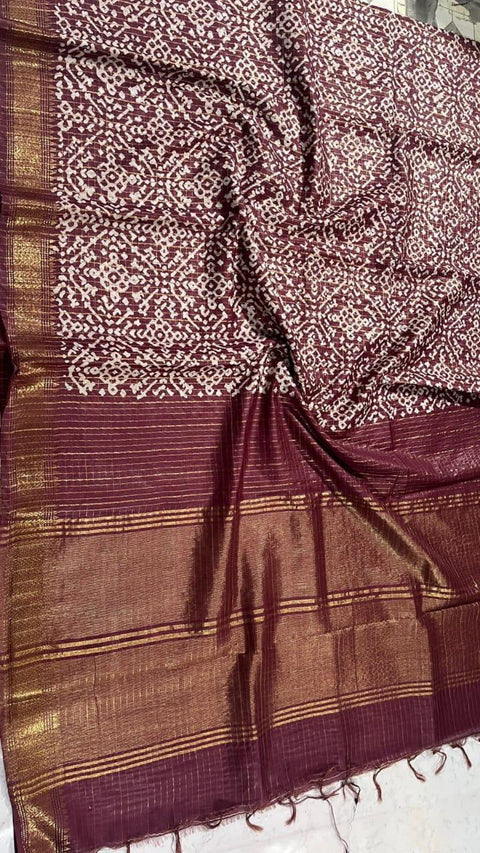 Ajrak Batik Printed Mangalgiri Semi Silk Saree - Maroon - Trend In Need