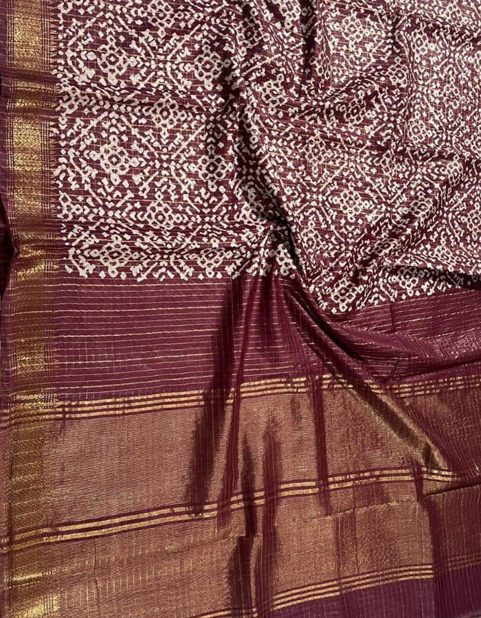 Ajrak Batik Printed Mangalgiri Semi Silk Saree - Maroon - Trend In Need