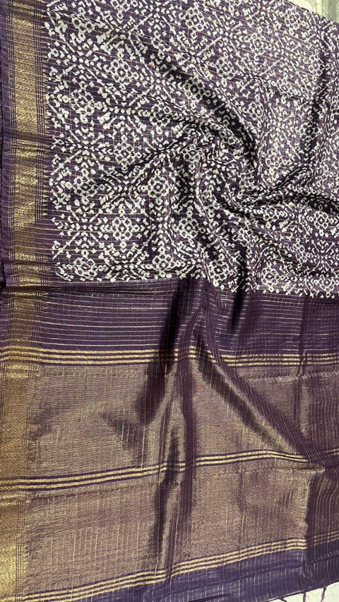Ajrak Batik Printed Mangalgiri Semi Silk Saree - Purple - Trend In Need