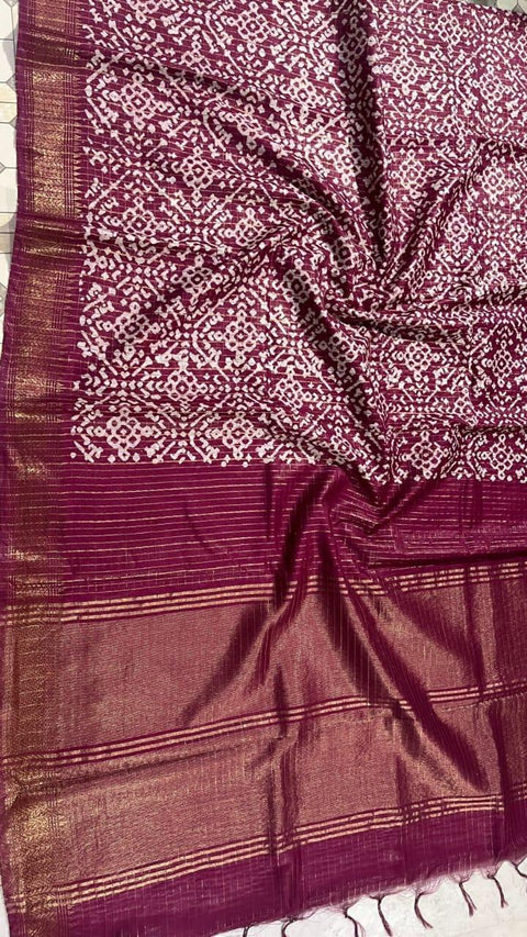 Ajrak Batik Printed Mangalgiri Semi Silk Saree - Rani Pink - Trend In Need