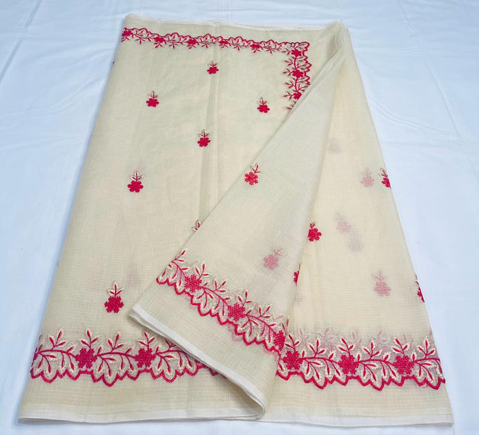Beige Color Kota Cotton Sarees With Embroidery Work