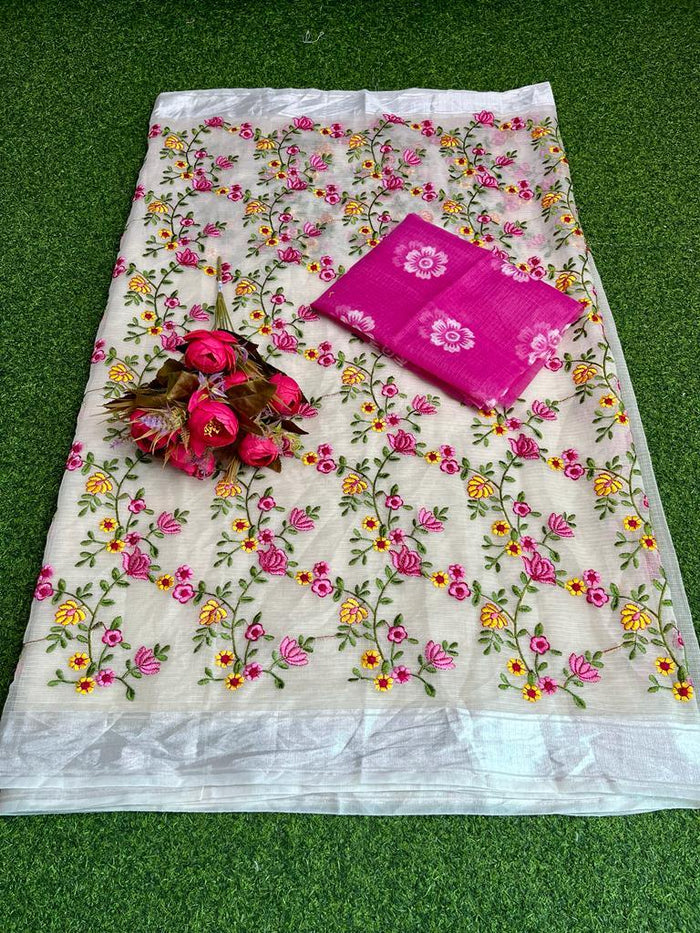 Beige Color Kota Doria Embroidery Saree