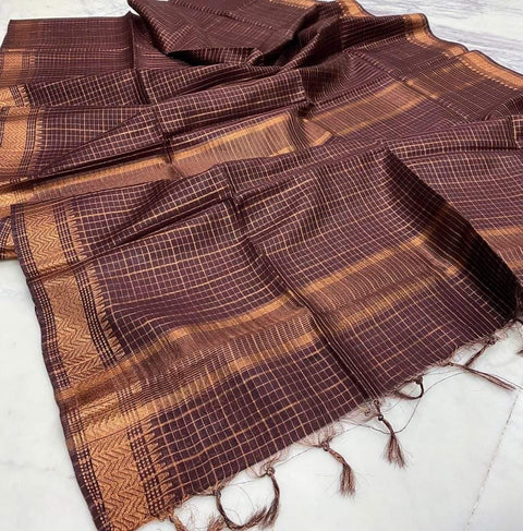 Bhagalpuri Maheshwari Cotton Silk Mini Checks Zari Woven Saree - Brown - Trend In Need