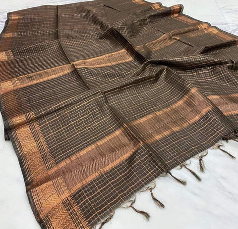 Bhagalpuri Maheshwari Cotton Silk Mini Checks Zari Woven Saree - Dark Brown - Trend In Need