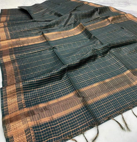 Bhagalpuri Maheshwari Cotton Silk Mini Checks Zari Woven Saree - Green - Trend In Need