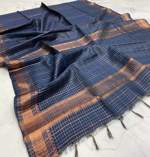 Bhagalpuri Maheshwari Cotton Silk Mini Checks Zari Woven Saree - Navy Blue - Trend In Need