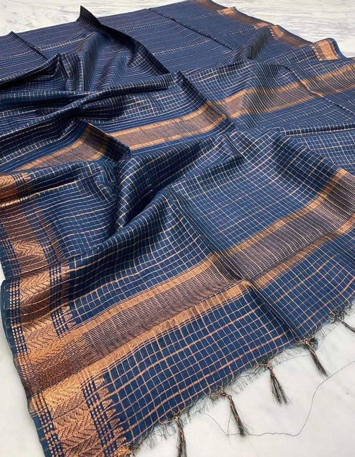 Bhagalpuri Maheshwari Cotton Silk Mini Checks Zari Woven Saree - Navy Blue - Trend In Need