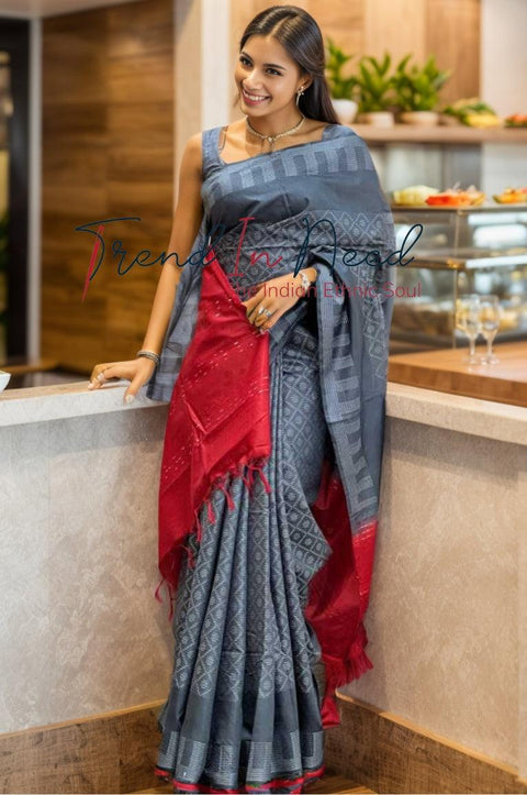 Bhagalpuri Silver Woven Design Cotton Silk Saree - Grey Color - Trend In Need