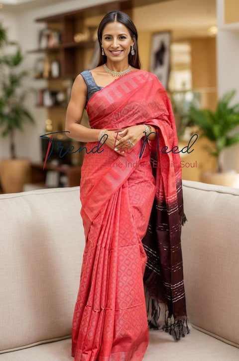 Bhagalpuri Silver Woven Design Cotton Silk Saree - Peach Color - Trend In Need