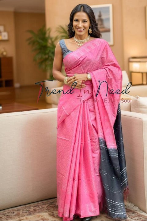 Bhagalpuri Silver Woven Design Cotton Silk Saree - Pink Color - Trend In Need
