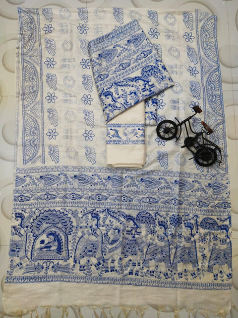 Block Discharge Printed Semi Tussar Silk Suit - Blue - Trend In Need