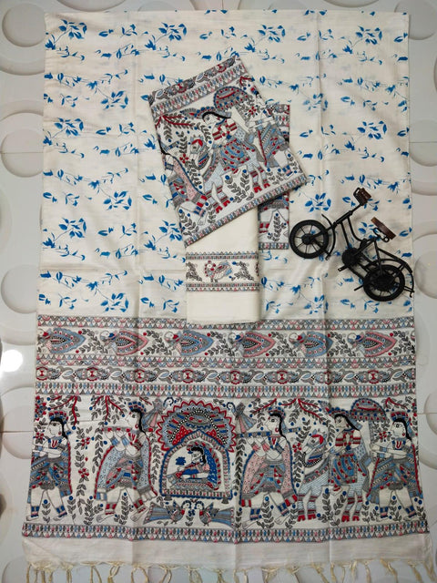 Block Discharge Printed Semi Tussar Silk Suit - Blue - Trend In Need