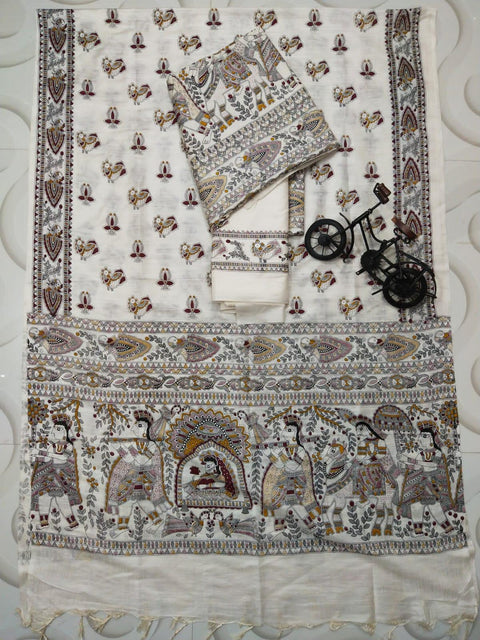 Block Discharge Printed Semi Tussar Silk Suit - Brown - Trend In Need