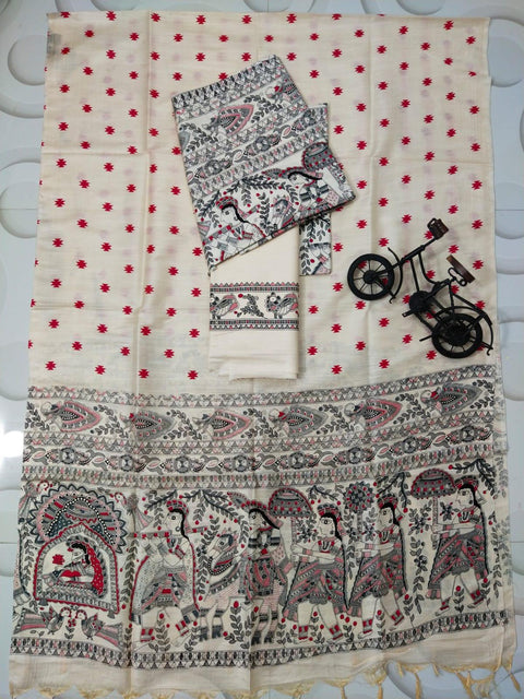 Block Discharge Printed Semi Tussar Silk Suit - Cream - Trend In Need