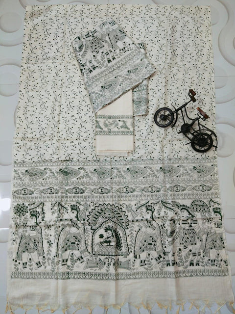 Block Discharge Printed Semi Tussar Silk Suit - Green - Trend In Need
